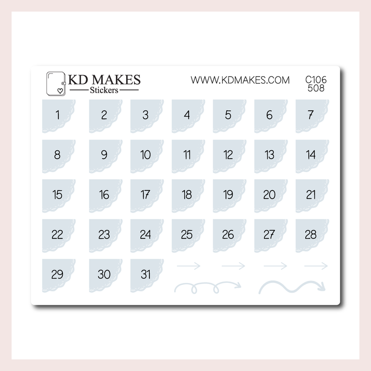 C106 | SET OF 4 QUARTER CIRCLE LACE DATE COVER | 0.5" | A PLANNERMONKEYCO (PMC) X KDM COLLAB