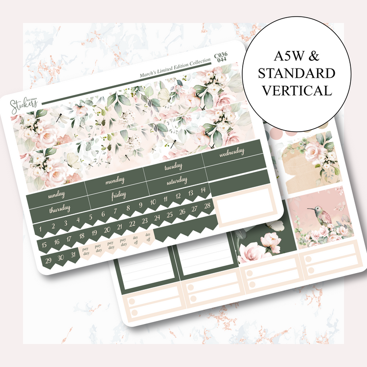 C036 | HUMMING BIRD & WATERCOLOUR FLOWERS | MONTHLY KIT - A5W & STANDARD VERTICAL