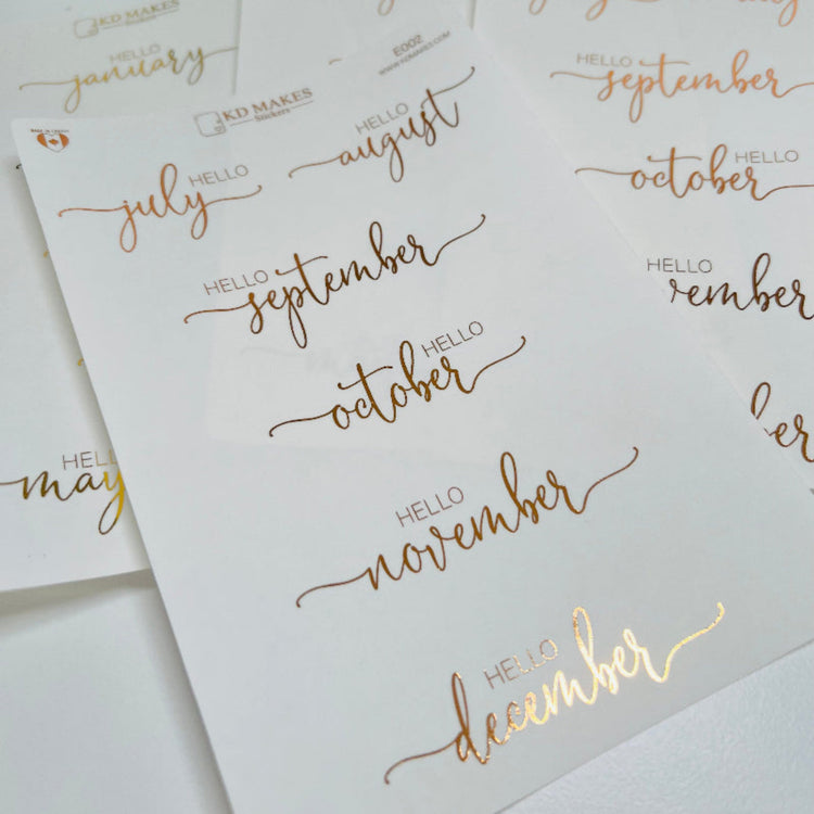 Foiled Monthly Planner Stickers – “Hello Month” Transparent Matte