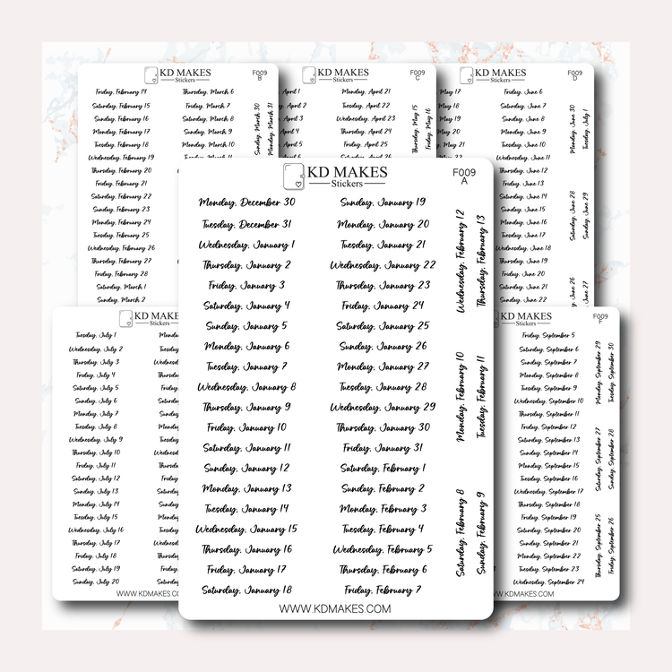 F009 | 2025 Daily Date Strips | Honey Script