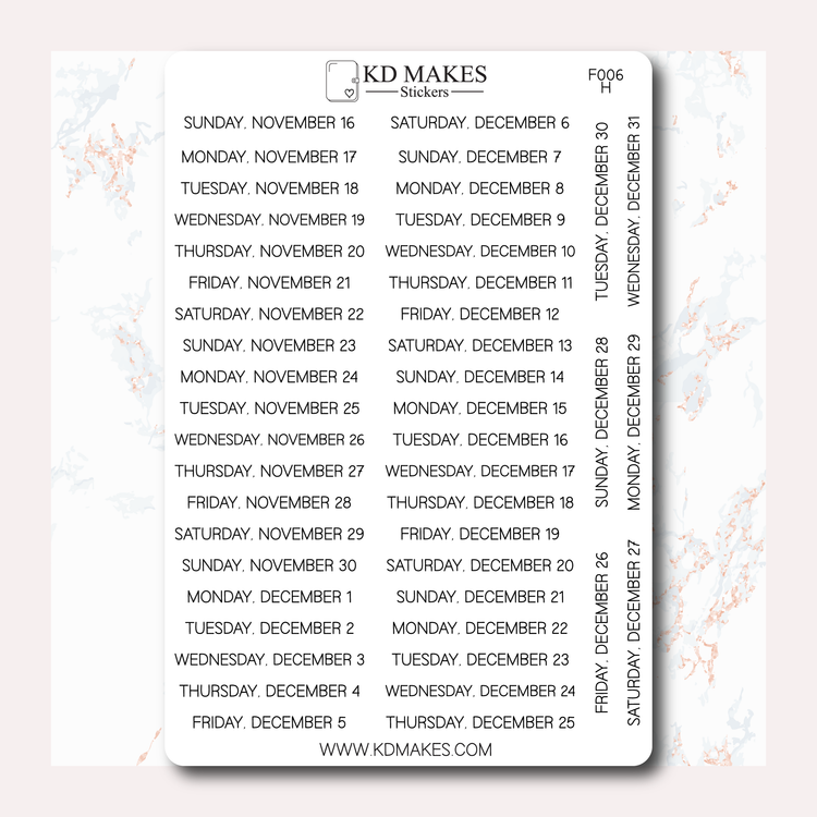 F006 | 2025 Daily Date Strips | Minimal Font