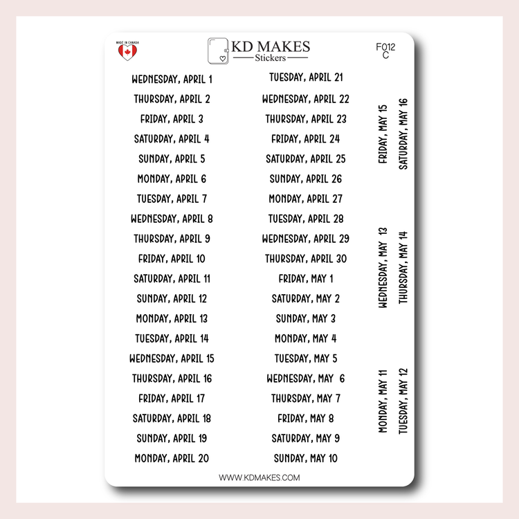 F012 | 2026 Daily Date Strips | Calo Melow