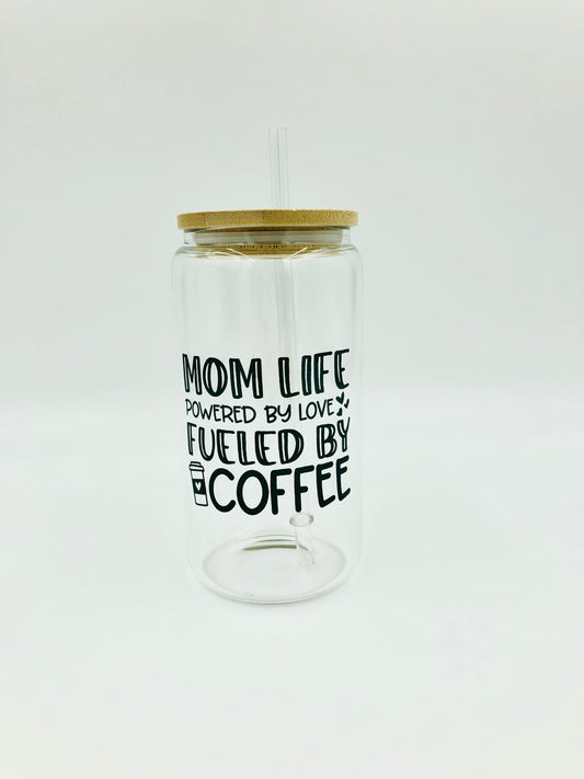 Mom Life, Powered by Love, Fueled by Coffee - 16oz Glass Tumbler
